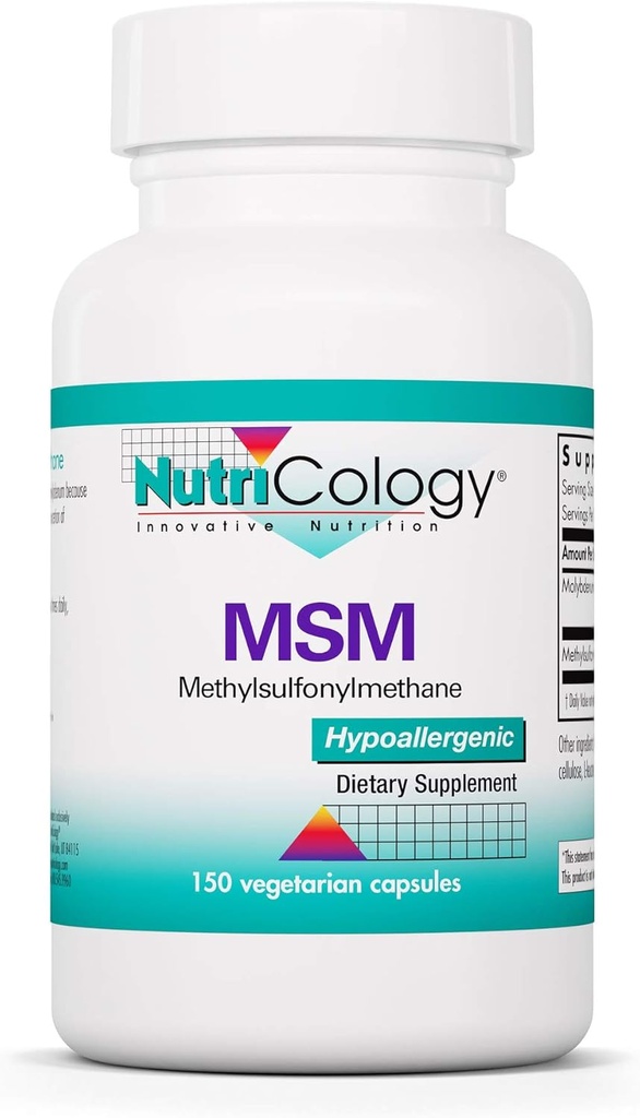 Nutricology MSM συμπλήρωμα - Κοινή Υποστήριξη, μεθυλοσουλφονυλομεθάνιο, για την ανάπτυξη των μαλλιών, δέρμα & νύχια, 500 mg κάψουλες χορτοφάγων - 150 κόμης