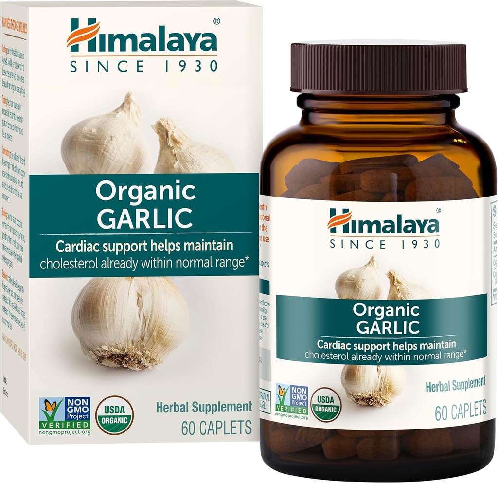 Himalaya Organic Σκόρδο - Φυτικό συμπλήρωμα για τον μεταβολισμό των λιπιδίων και την ανοσοποιητική υποστήριξη - Vegan, Non-GMO, Gluten Free, 1400 mg, 60 Caplets