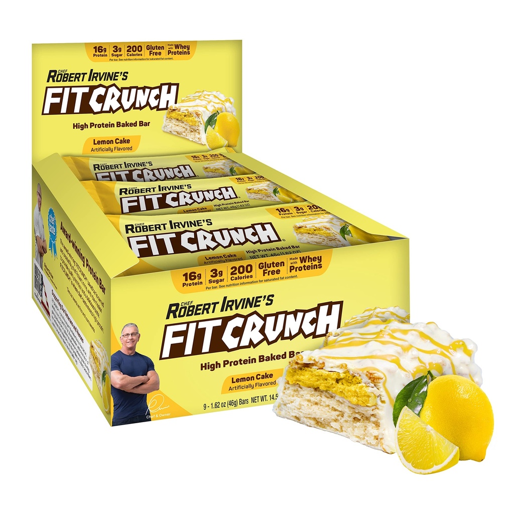 FITCRUNCH Snack Boyut Protein Barlar, 6Layer Baked Bar, 3g of Sugar & Soft Cake Core (9 Bars, Lemon Kek)