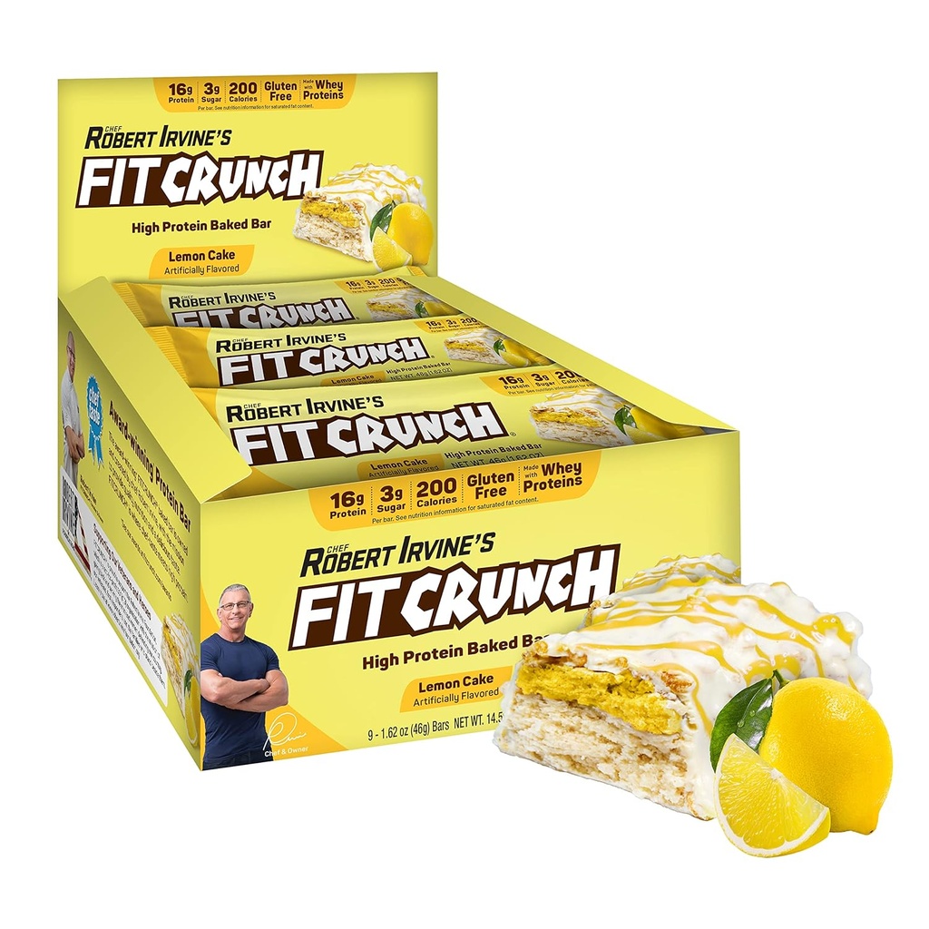 FITCRUNCH Snack Boyut Protein Barlar, 6Layer Baked Bar, 3g of Sugar & Soft Cake Core (9 Bars, Lemon Kek)