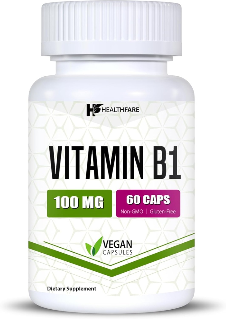 Healthfare Vitamin B1 100 mg | 60 Capsules | Thiamin Supplement | Destekler Genel Sağlık | Non-GMO | Gluten Free (60 Capsules)
