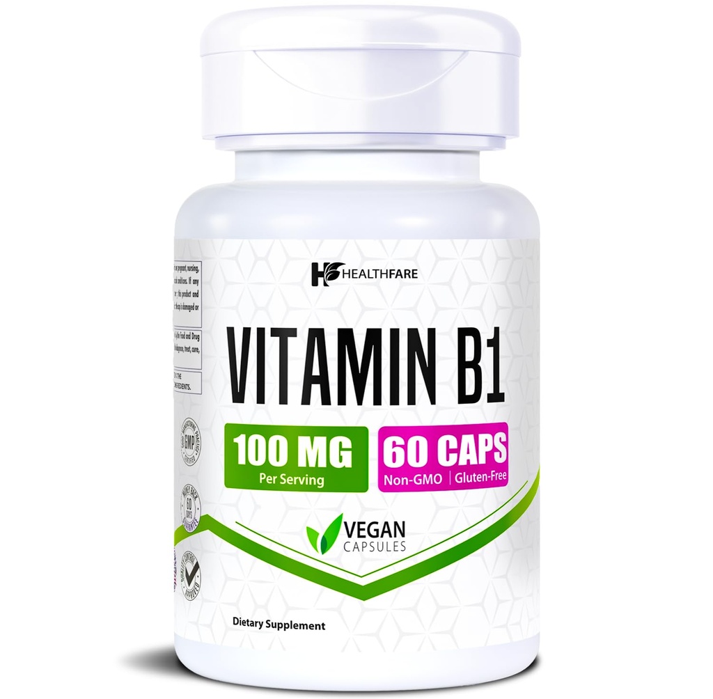 Healthfare Vitamin B1 100 mg | 60 Capsules | Thiamin Supplement | Destekler Genel Sağlık | Non-GMO | Gluten Free (60 Capsules)
