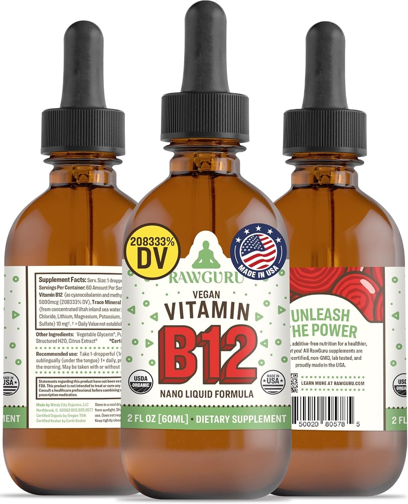RawGuru Vitamin B12 Sıvı Supplement - Organik Vegan Sıvı B12 with Trace Minerals - Nano-Processed Antioksi & Immune Support Supplement Tincture - 60 ml Vegan Drops'un 60 ml'si, Pack of 1