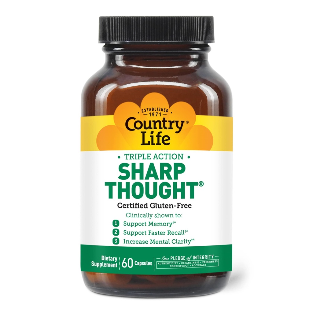 Country Life Sharp Thought - Μνήμη & Συμπληρώματα Γνωστικής Υποστήριξης – Sharp-PS Gold Phosphatidylserine + DHA – Προάγει τη διανοητική σαφήνεια και την ταχύτερη ανάκληση – Χωρίς γλουτένη, 60 κάψουλες