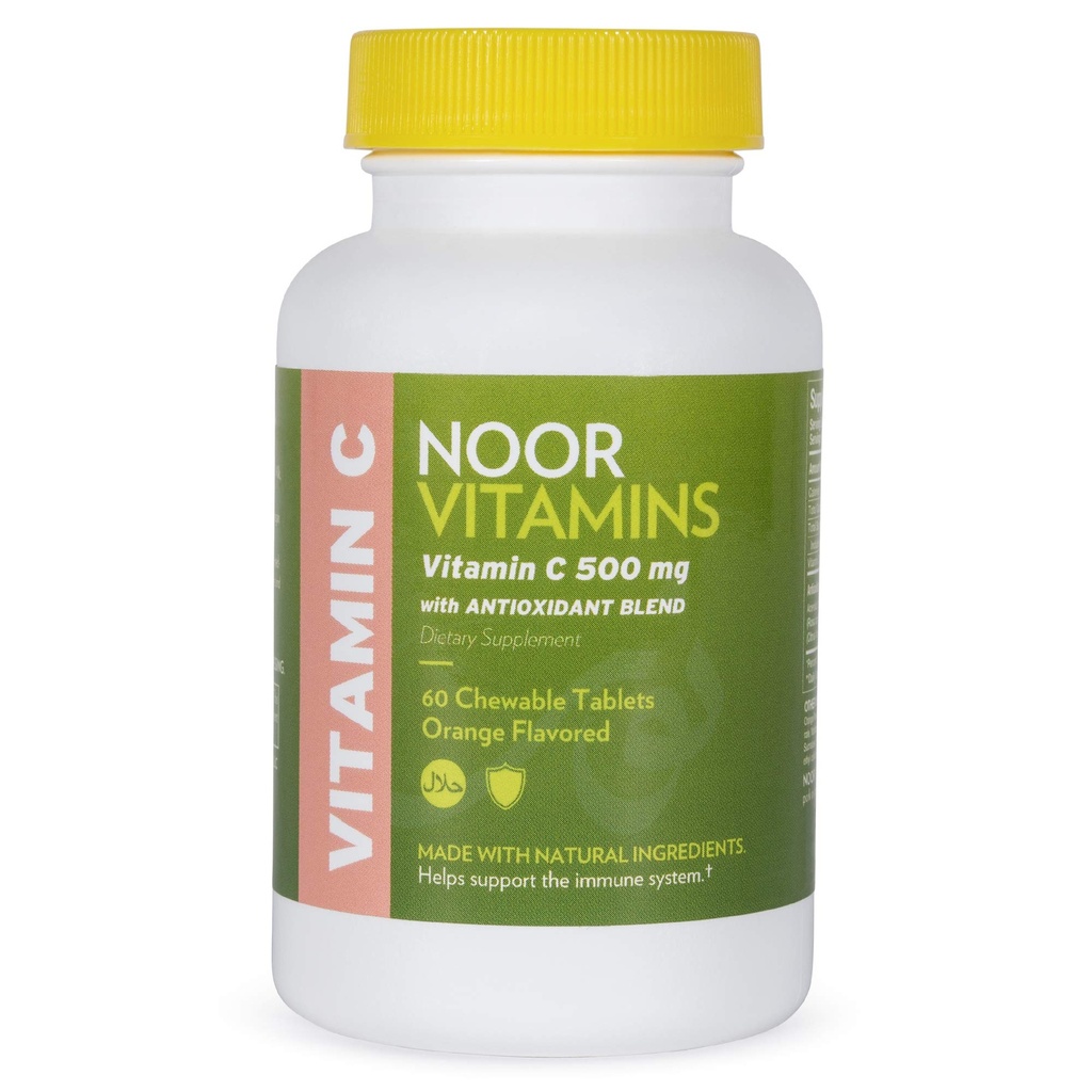 Noor Vitaminleri 500 MG Halal Vitamin C Chewable Tabletler + Rose HIPS ve Antioksis I Vegan, Gluten Free & Halal Vitamin 60 Orange Flavored Chewable Tabletler I 2 Ay Supply HIPS ve Antioksis I Supports Immune System I Vegan, Gluten Free & Halal Vitamin 60 Orange Flavored Chewable Tabletler I 2 Ay Supply