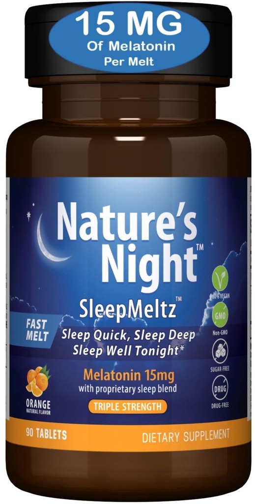 Nature's Night Triple Strength Quick Dissolve Melatonin 15 mg with Supportive Mix | Natural Orange Flavor | 90 Count | Sugar Free, Vegan, Non-GMO, Drug Free, Vegan, Non-GMO, Drug Free