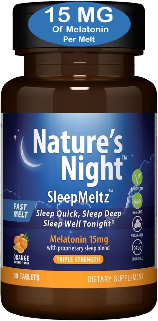 Nature's Night Triple Strength Quick Dissolve Melatonin 15 mg with Supportive Mix | Natural Orange Flavor | 90 Count | Sugar Free, Vegan, Non-GMO, Drug Free, Vegan, Non-GMO, Drug Free