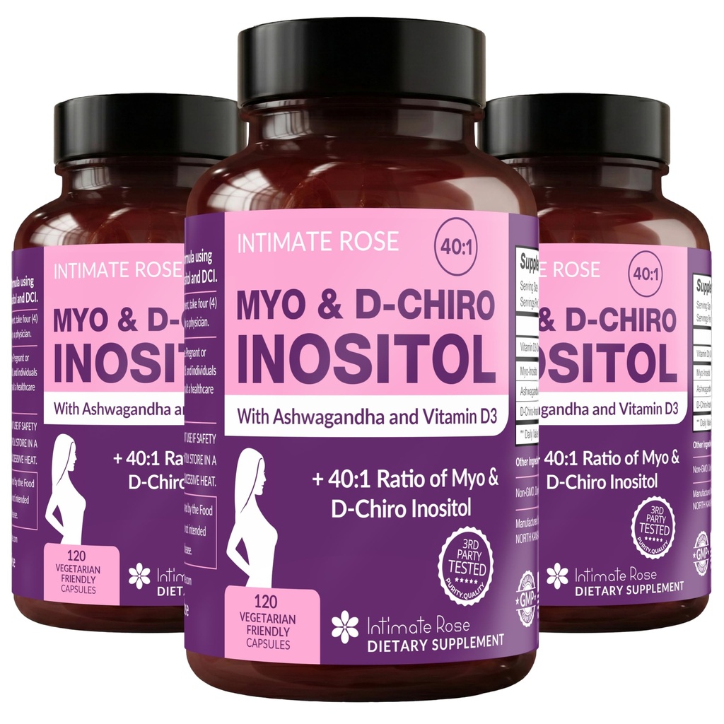 Intimate Rose Myo-Inositol & D-Chiro Inositol - 40:1 Şölük - Kadın Günlük Sağlık Desteği - D & Ashwagandha, 3 Şişes