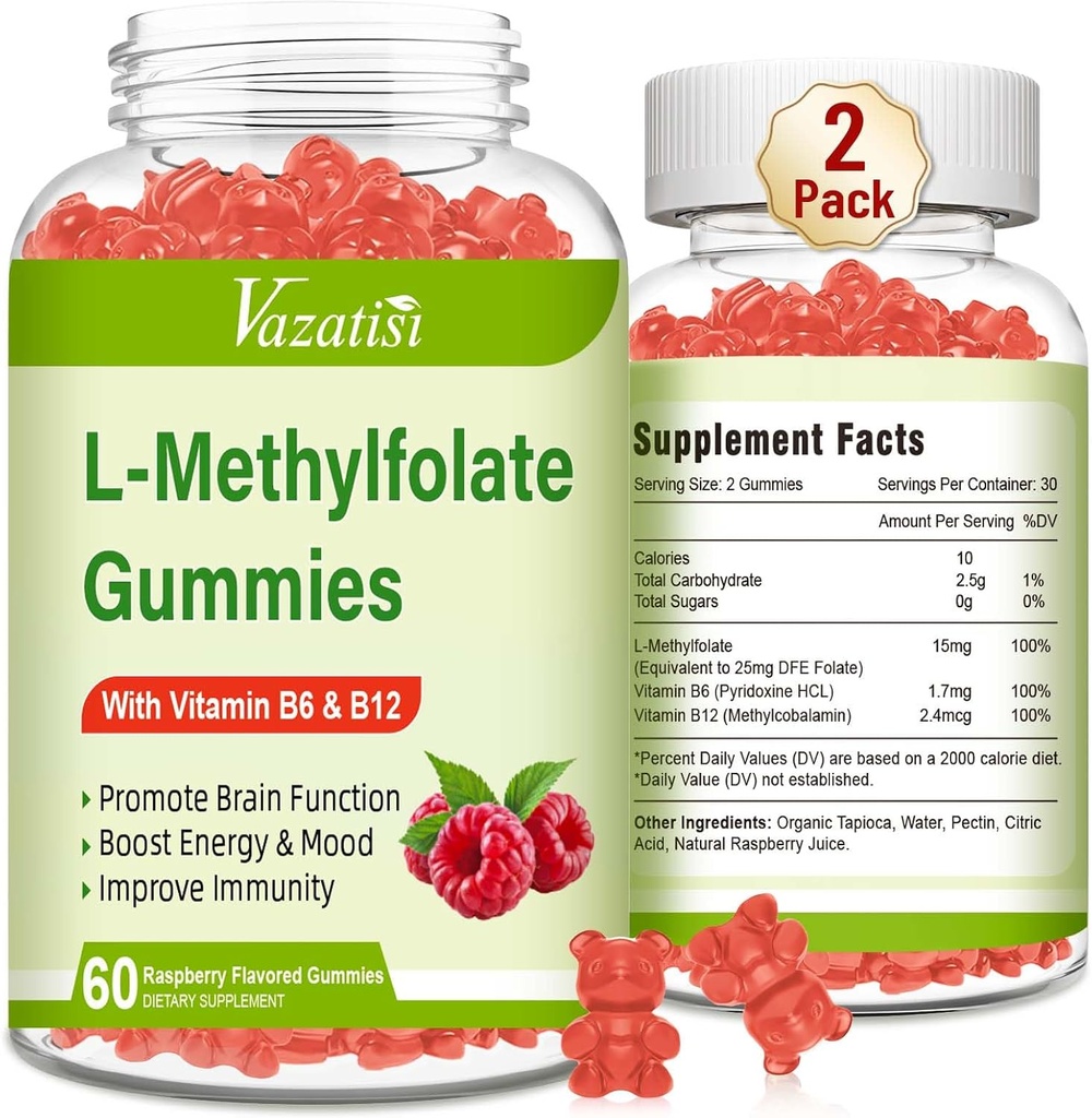 L-Methylfolate 15 mg Gummies with Torch B12, Folate Supplement for Mood, Brain Health, Immune Support, Raspberry Flavor, 120