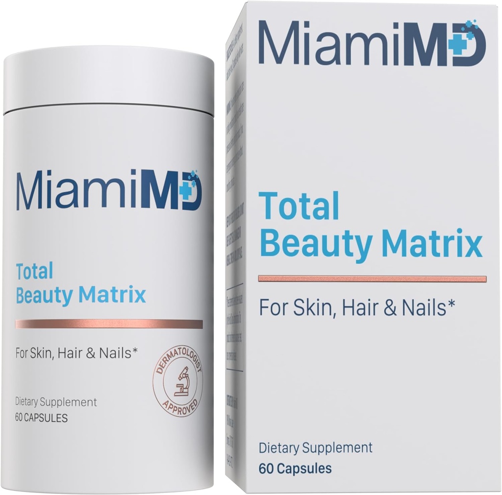 MiamiMD Total Beauty Matrix Collagen Supplements for Women - Collagen Capsules with Vitamin C for Hair, Skin and Nails - Cruelty Free - 60 Capsules