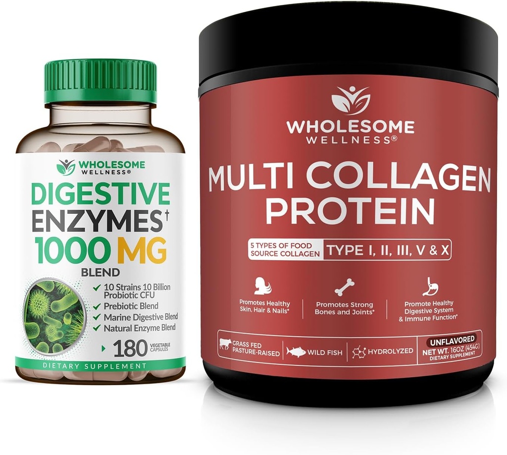 Allsome Wellness Digestive Enzymes 1000MG Plus Prebiyotiks & Probiyotiks Supplement + Multi Collagen protein Toz Hidrolyzed (Type I II III V X) Sche