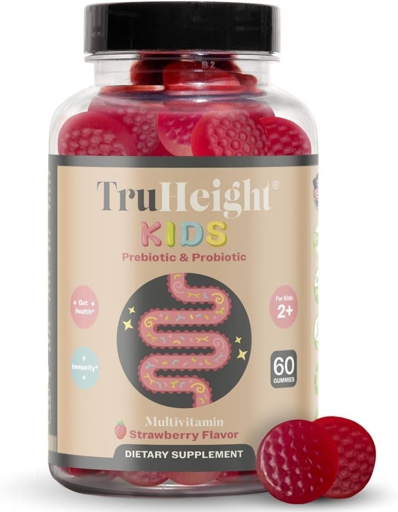 TruHeight Kids Prebiotic & Probiotic Gummies Ages 2+ (Strawberry Flavor) Toddlers & Kids All Natural Gut Health, Digestive Enzymes & Constipation Relief Supplement - Pediatric Recommended Vitamins