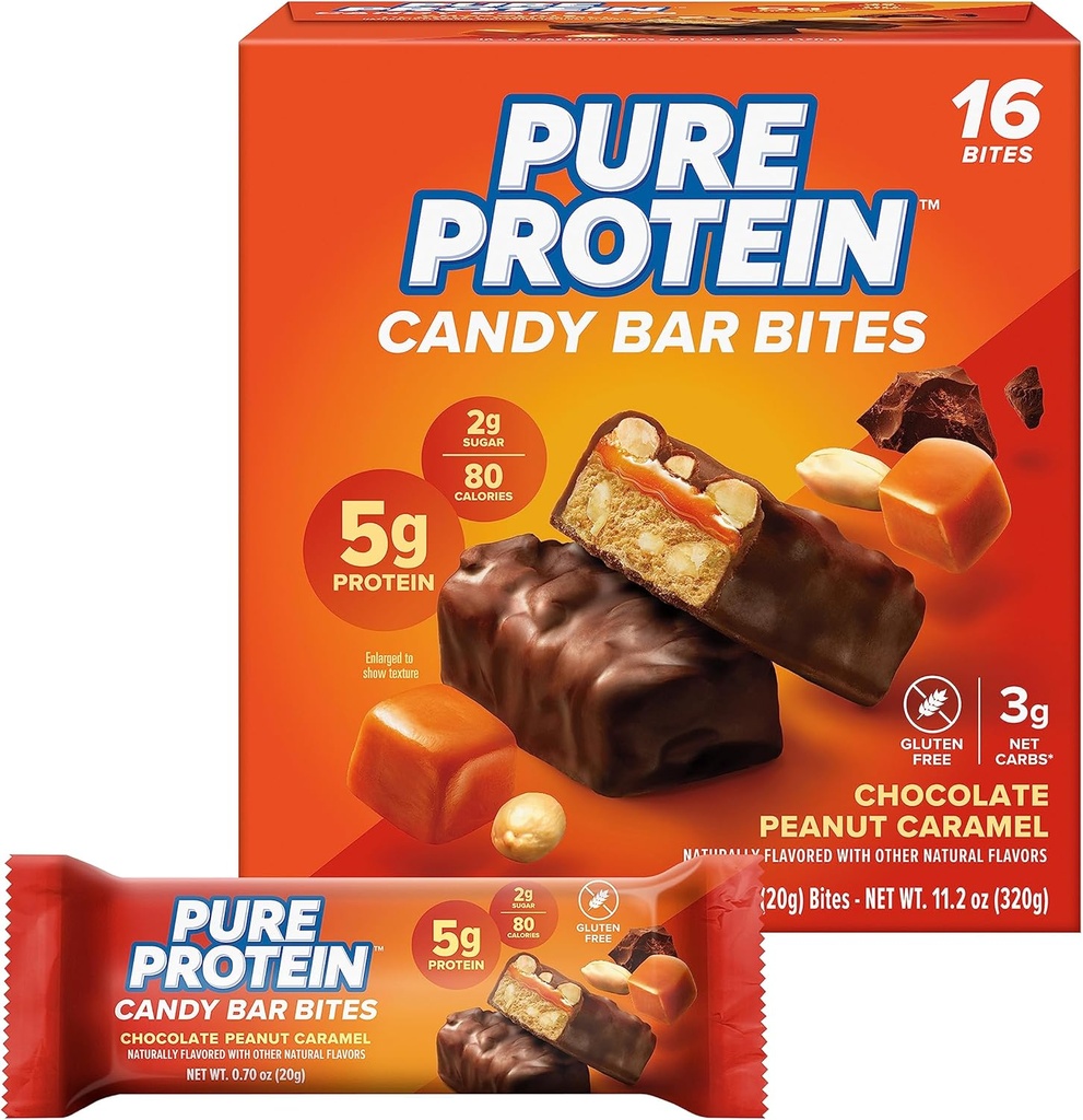Pure Protein Candy Bar Bites, Chocolate Peanut Caramel, 5g protein, Gluten Free, Low Sugar, 0.70 oz, 16 Pack (Pazar Mayıs Vary)