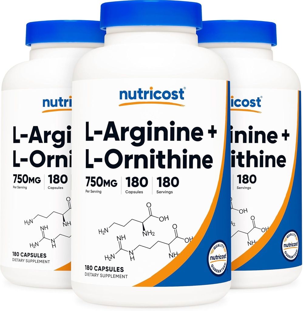 Nutricost L-Arginine L-Ornithine 750 mg; 180 Capsules (3 Şişe)