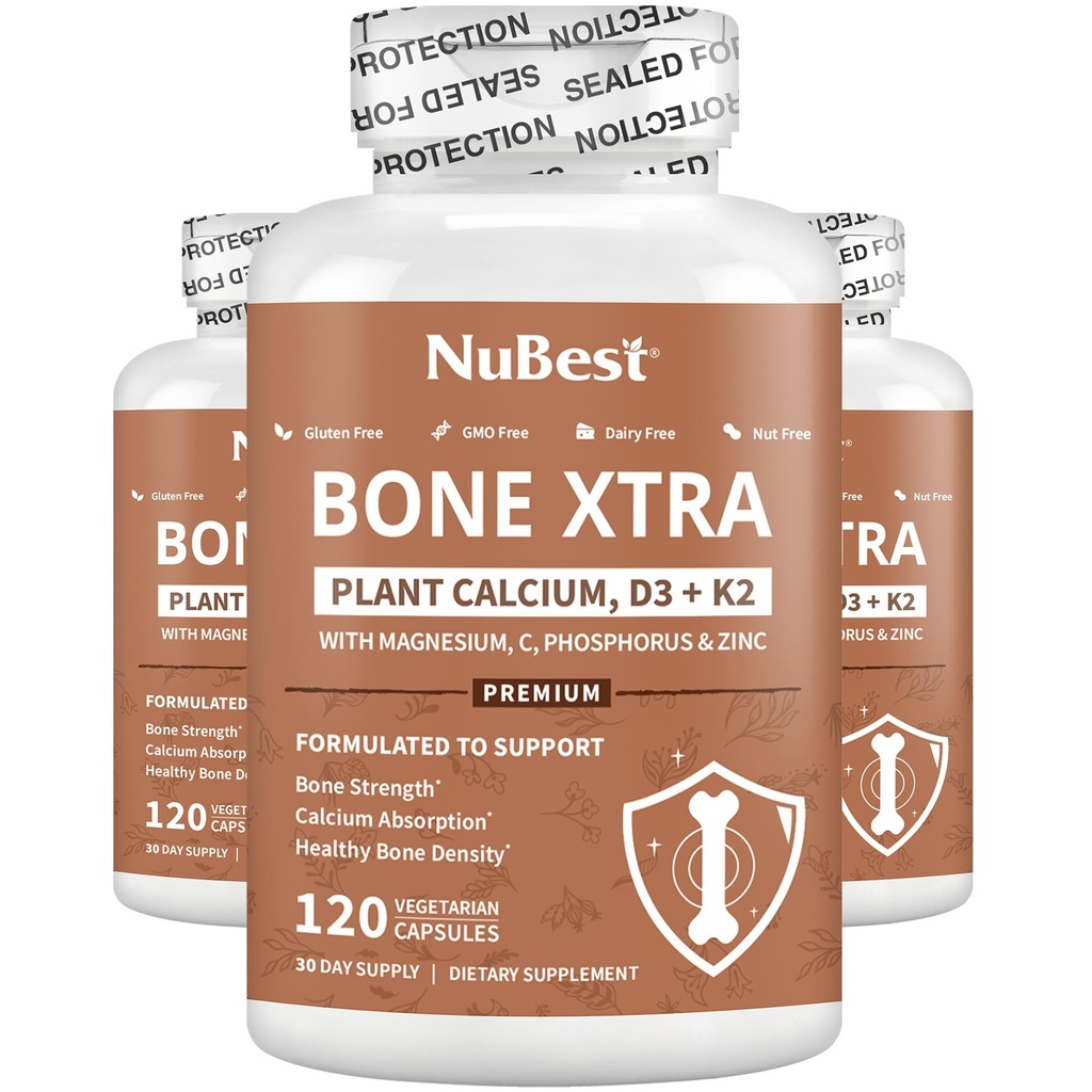 Bone Xtra - Vegan Bone Strength Formula for Stronger Bones, Plant-baseduba from Marine Algae, Vitamins D3, Vitamin K2, Magnezyum, Phosphorus & More for Young, Yetişkinler - 3 Ay Supply | 3 Pack
