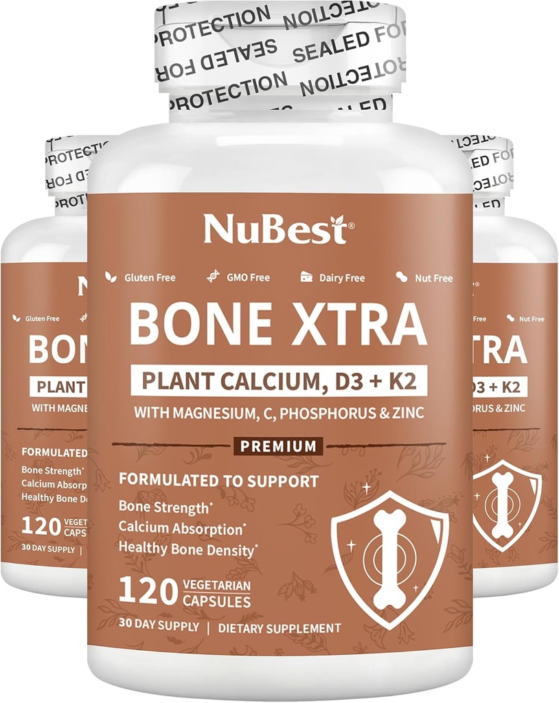 Bone Xtra - Vegan Bone Strength Formula for Stronger Bones, Plant-baseduba from Marine Algae, Vitamins D3, Vitamin K2, Magnezyum, Phosphorus & More for Young, Yetişkinler - 3 Ay Supply | 3 Pack