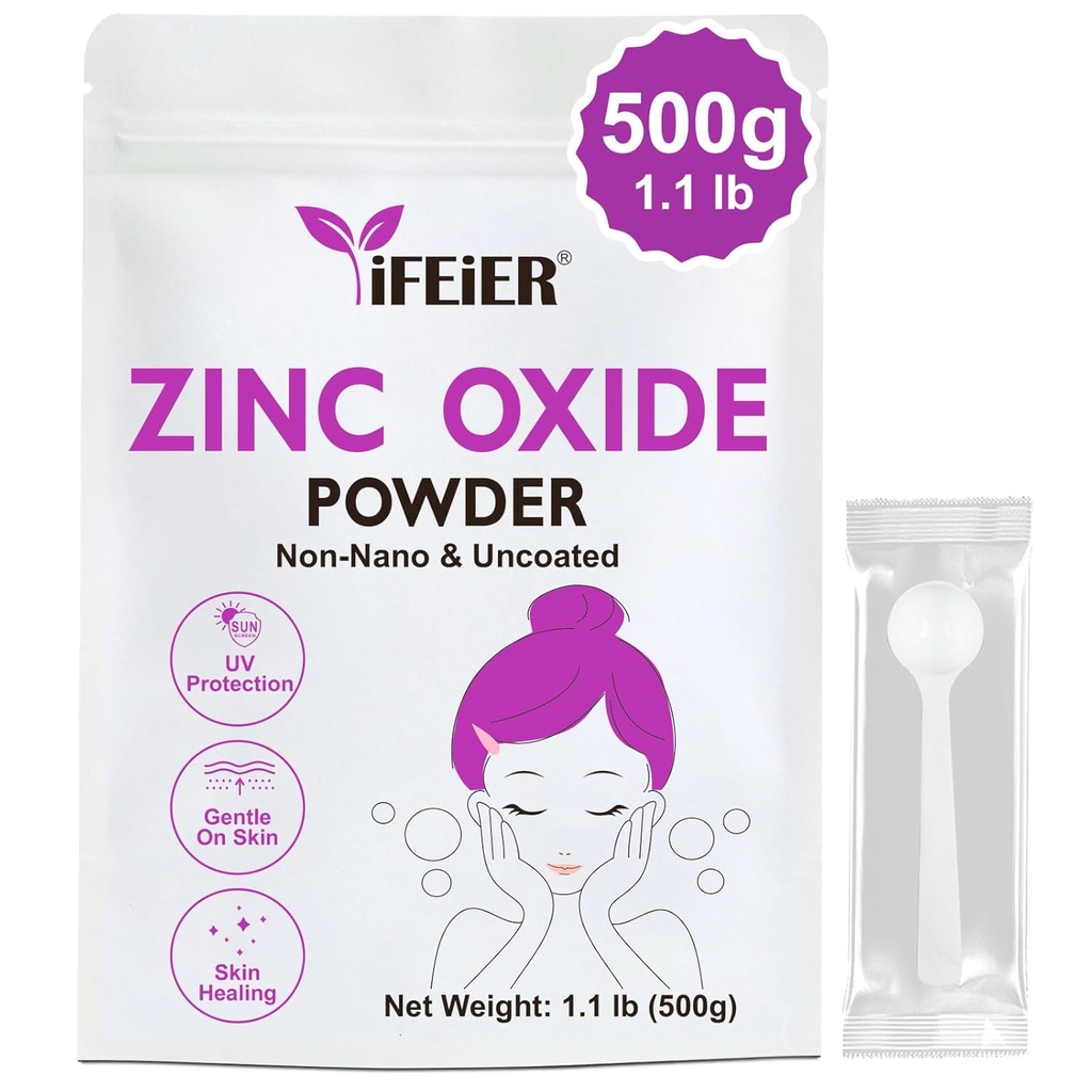 Zinc Oxide Powder | 500g(1.1 lb) 100% Pure Non Nano Uncoted Zinc Oxide Powder for Skin Protection | Cosmetics Grade Ideal for DIY Sunscreen, Lotion, Deodorant, and Skincare