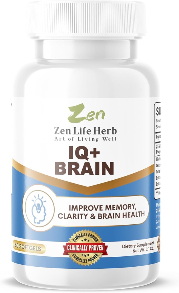 ZEN LIFE HERB IQ+ Beyin - Caffeine-Free, Klinik olarak Focus, Concentration, Memory & Energy, Natural Plant-Based Herbal Supplement, No included Vitamins/Minerals/Mushroom/Sugar (60 Softgels)
