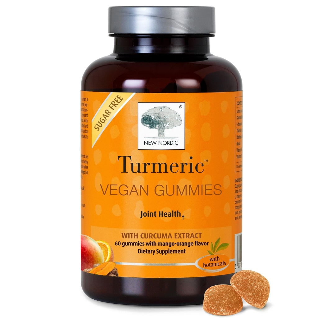 NEW NORDIC Turmeric Curcumin Gummies, Sugar Free, 300 mg Turmeric Supplement for Men and Women, Supports Normal Fonksiyonling Ortaklar, Dizler, Omuzlar, Mango Orange, 60 Count