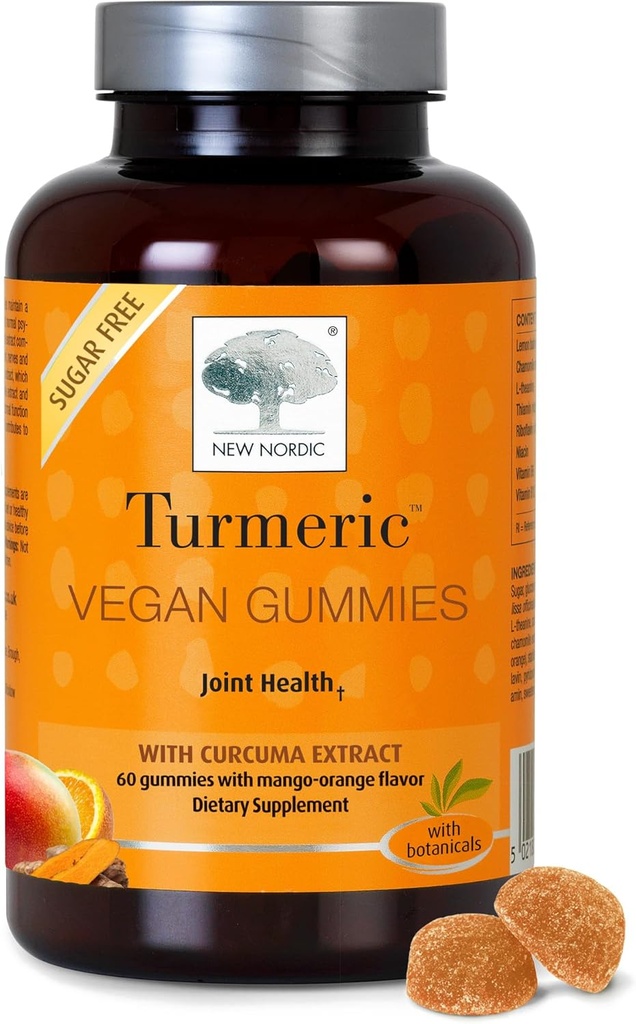 NEW NORDIC Turmeric Curcumin Gummies, Sugar Free, 300 mg Turmeric Supplement for Men and Women, Supports Normal Fonksiyonling Ortaklar, Dizler, Omuzlar, Mango Orange, 60 Count
