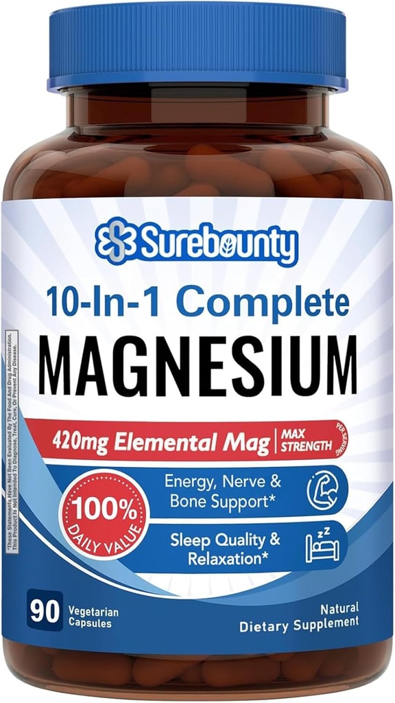 Magnesium Complex, 10-in-1 Formula, 420mg Elemental Mag Per Serving, Magnesium Glycinate, Malate, Citrate, High Absorption, Bone & Relaxation, 90 Caps