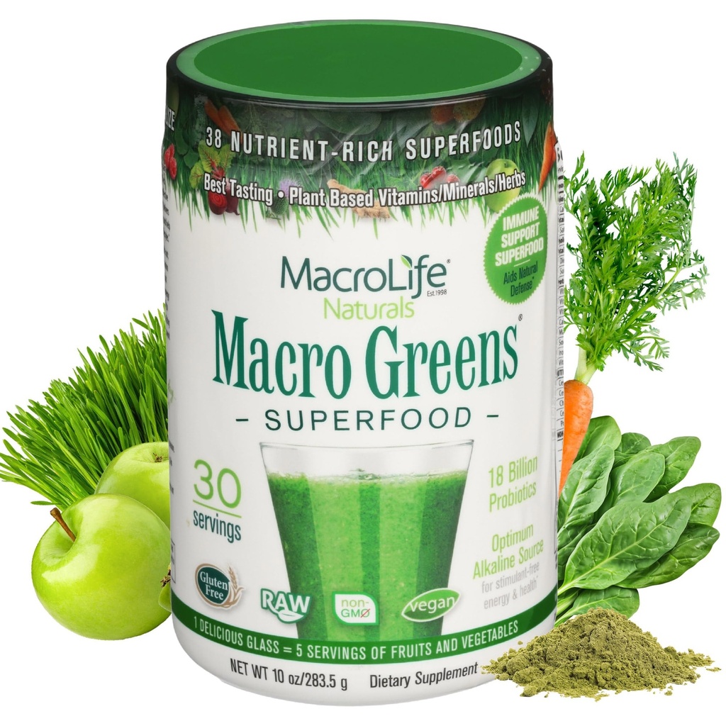 MacroLife Naturals Macro Greens Powder 38 Superfood Probiotic Antioxidant Enzyme & Herbal Supplement Immunity Energy Cleanse - Μη-GMO Vegan Gluten-Free Γαλακτοκομικά - 10oz (30 Servings)