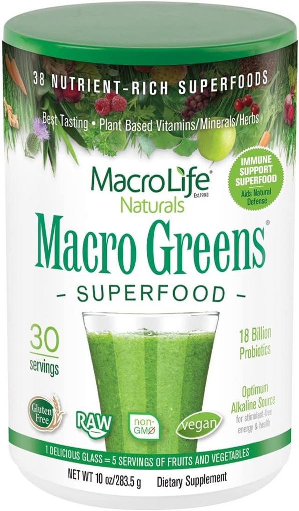 MacroLife Naturals Macro Greens Toz 38 Superfood Probiyotik Antioksi Enzyme & Herbal Supplement Immunity Energy Cleanse - Non-GMO Vegan Gluten-Free Dairy-Free - 10oz (30 hizmet)