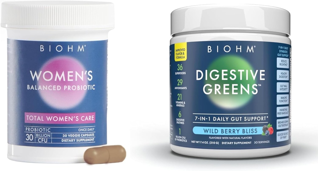 BIOHM Women's Probiyotiks 30B CFU & Super Greens/Kids Berry Blast Sche: Gut & General Health Support, 9 Strains, 30-Day Supply, Rich in Antioksis