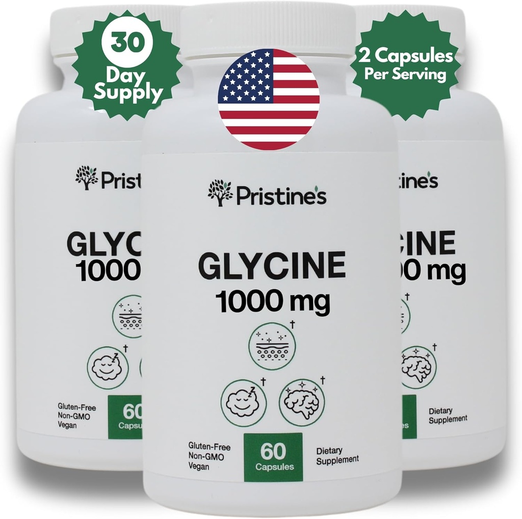 PRISTINE'S Glycine 1000MG Amino Asit Supplement Sleep Support Capsules (3-Pack) - 90 Day Supply - Muscle Recovery, Kidney Health & Collagen Formasyon Prodüksiyon Destek Desteği
