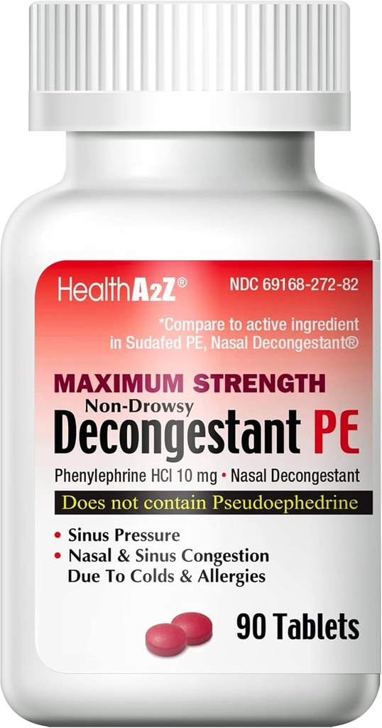 HealthA2Z® Decongestant PE | Phenylephrine HCl 10 mg | En Güçlü | Non-Drowsy Nasal & Sinus Congestion Relief For Cold & Allergies (90 Kont)