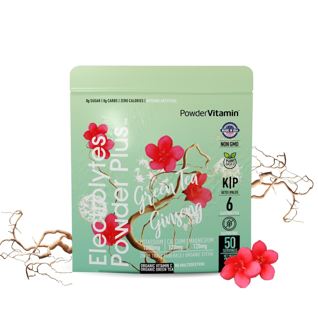 PowderVitamin Ηλεκτρολυτές σκόνης Plus (50 εξυπηρετούν) Πράσινο τσάι Ginseng Ηλεκτρολυτική σκόνη Keto, Χωρίς ζάχαρη, Pink αλάτι Ιμαλαΐων,1000mg κάλιο,120mg ασβέστιο,120mg μαγνήσιο, σκόνη ενυδάτωσης