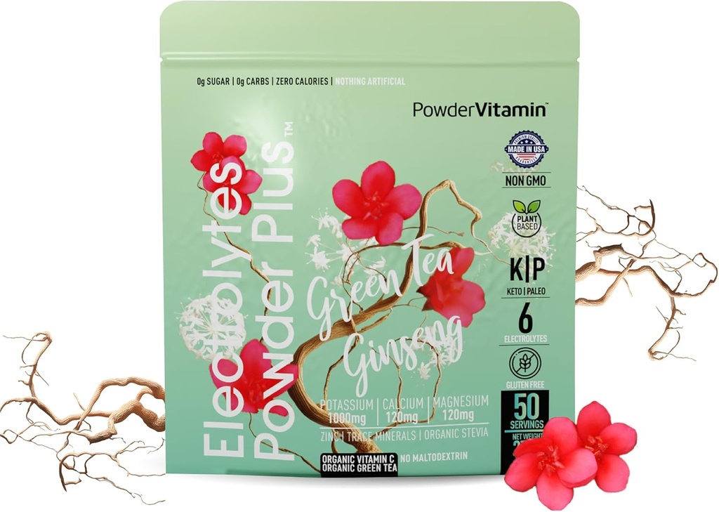 PowderVitamin Ηλεκτρολυτές σκόνης Plus (50 εξυπηρετούν) Πράσινο τσάι Ginseng Ηλεκτρολυτική σκόνη Keto, Χωρίς ζάχαρη, Pink αλάτι Ιμαλαΐων,1000mg κάλιο,120mg ασβέστιο,120mg μαγνήσιο, σκόνη ενυδάτωσης