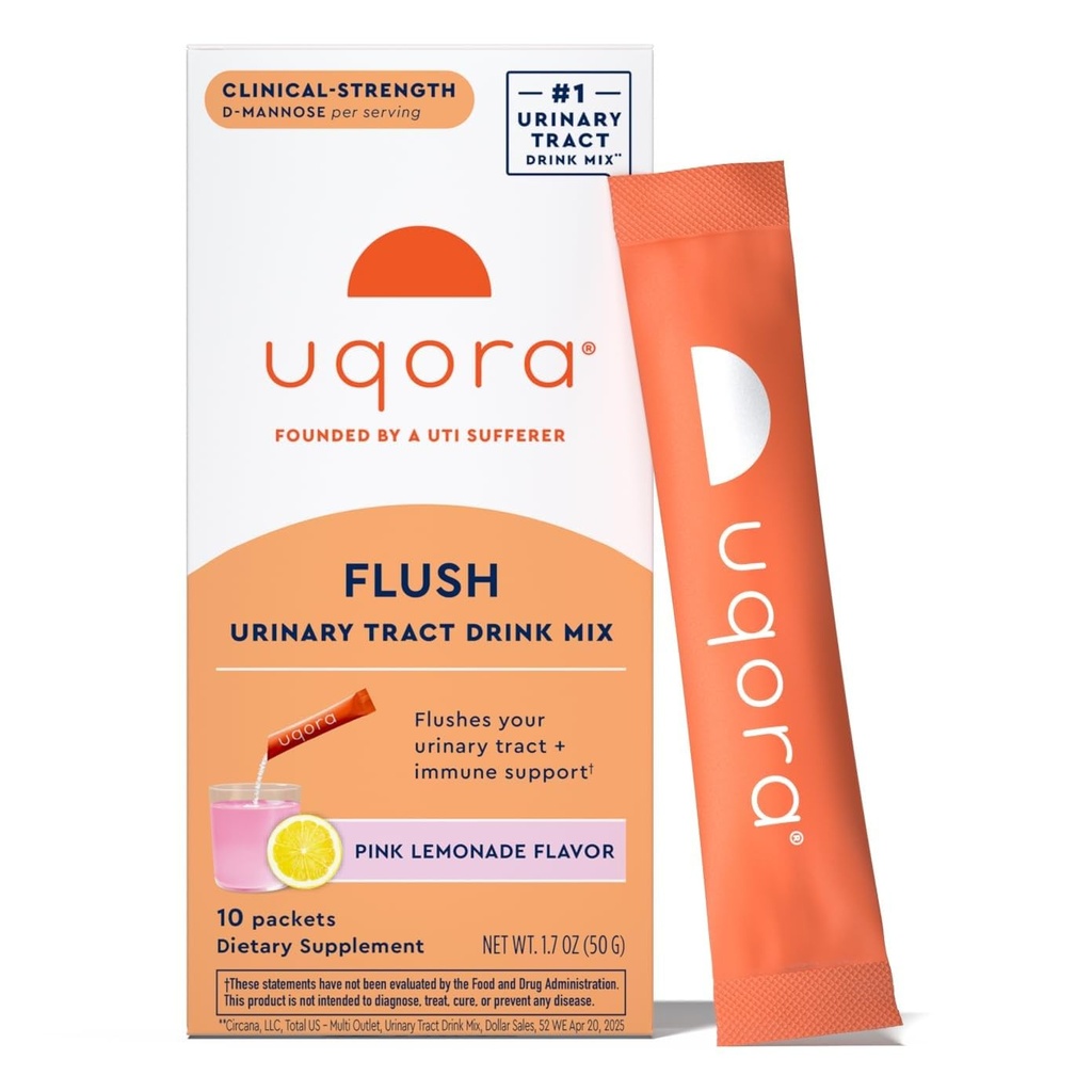 Uqora Flush - Urinary Tract* με D-Mannose, Βιταμίνη C, Βιταμίνη B6, Κάλιο, Μαγνήσιο & Ασβέστιο - Χωρίς γλουτένη & Vegan - Pink Λεμονάδα Γεύση - 10 Πακέτα (1 Συσκευασία)