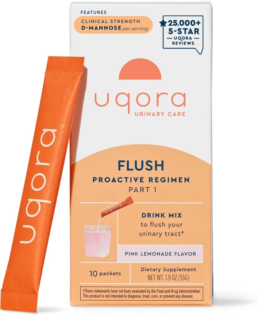 Uqora Flush - Urinary Tract* with D-Mannose, Vitamin C, Vitamin B6, Pyum, Magnezyum & Food - Gluten-Free & Vegan - Pink Lemonade Flavor - 10 Packets (1 Pack)