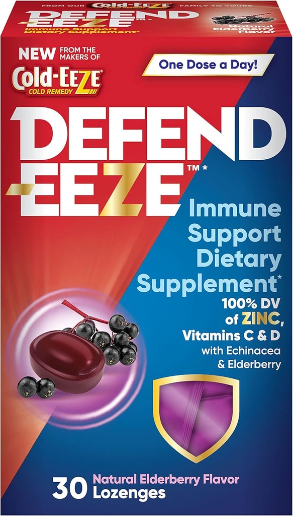 Defense-EEEZE συμπλήρωμα διατροφής διατροφής Lozenges, 100% Ημερήσια αξία του ψευδαργύρου, βιταμίνες C & D ανά δόση, με Echinacea & Elderberry, Elderberry Flavor, 30 Lozenges