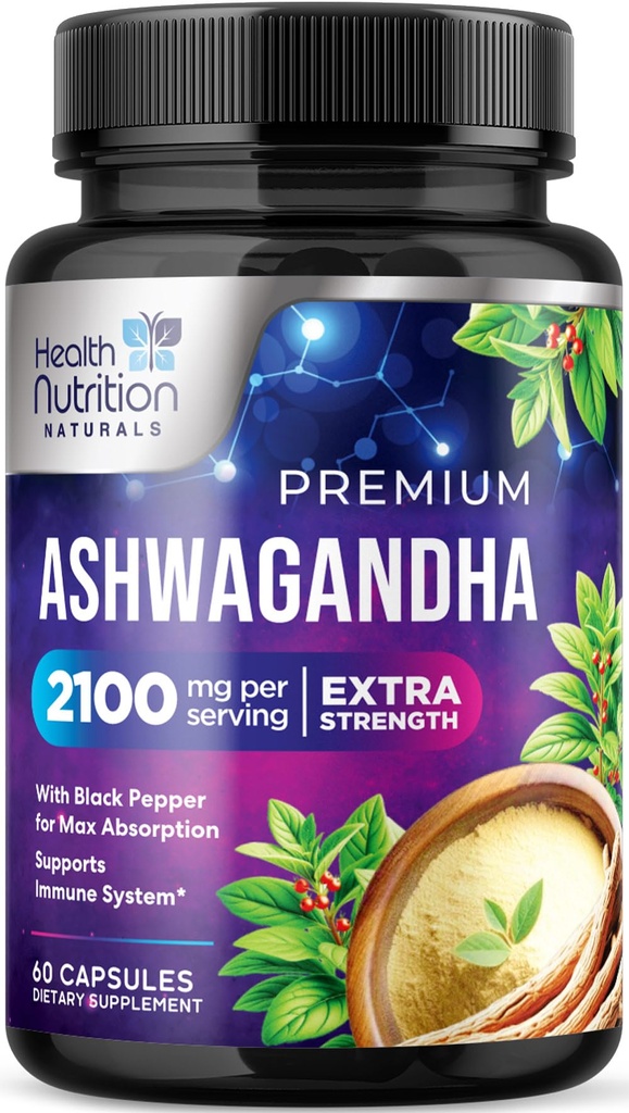 Ashwagandha Supplements - 2100 mg Ashwagandha Capsule for Women & Men, Natural Antioksi Support, Ashwa Root Extract, Extra Strength Calm Support with Black Pepper, Vegan & Gluten Free - 60 Capsules