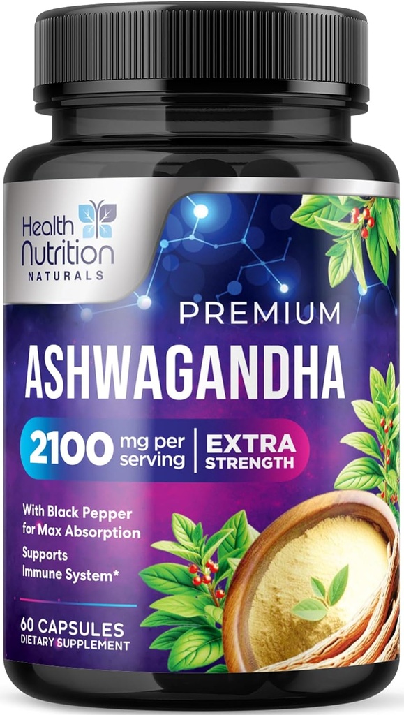 Ashwagandha Supplements - 2100 mg Ashwagandha Capsule for Women & Men, Natural Antioksi Support, Ashwa Root Extract, Extra Strength Calm Support with Black Pepper, Vegan & Gluten Free - 60 Capsules