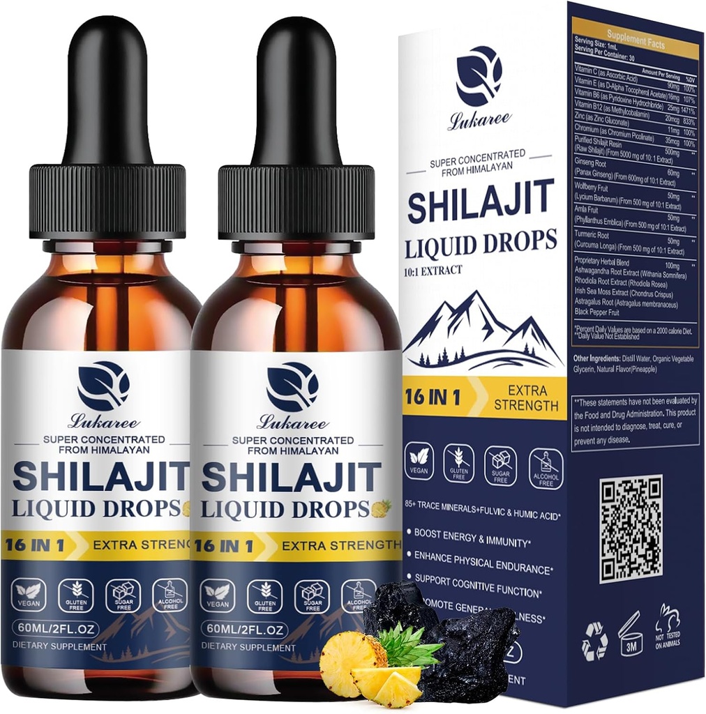 Lukaree 16-σε-1 Shilajit Drops for Men and Women, Ashwagandha, Ginseng, Turmeric, Rhodiola, Amla, Sea Moss, Συμπλήρωμα Υγρής Βιταμίνης με 85+ Ίχνη Ορυκτά και Φουλβικό Οξύ, 2 FL Oz (2 Pack)
