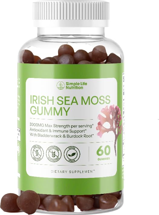 Organik İrlandalı Deniz Moss Gummies - Burdock Root ve Bladderwrack Natural Blend - Immune System Gut Cleanse & Thyroid Supplement - Skin and Nail Health - 60CT