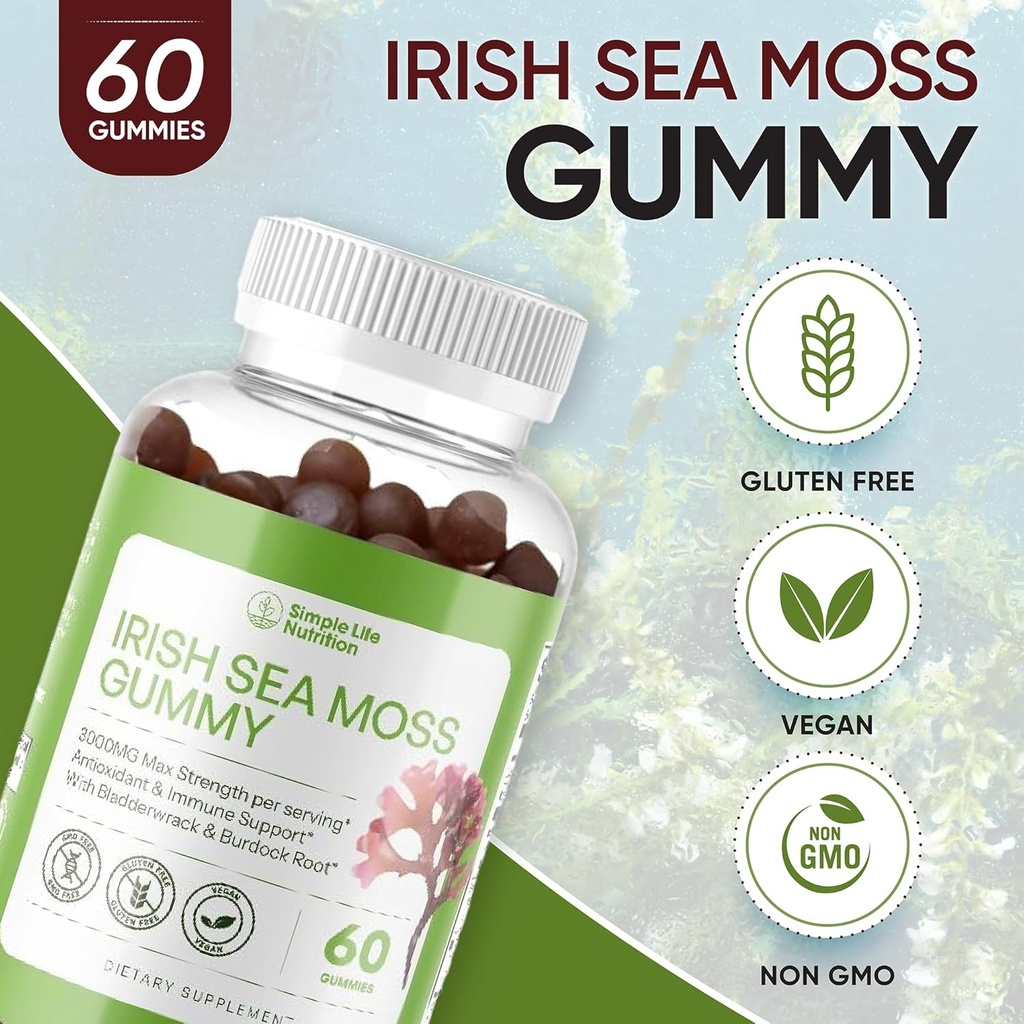 Organik İrlandalı Deniz Moss Gummies - Burdock Root ve Bladderwrack Natural Blend - Immune System Gut Cleanse & Thyroid Supplement - Skin and Nail Health - 60CT