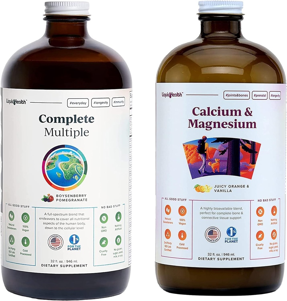 LIQUIDHEALTH Complete Multivitamin & Calcium and Magnesium Liquid Vitamin Bundle for Adults - Whole Body Health, Immune System, Bone & Joint Support - Whole Foods, Vegan, Non-GMO, USA Made