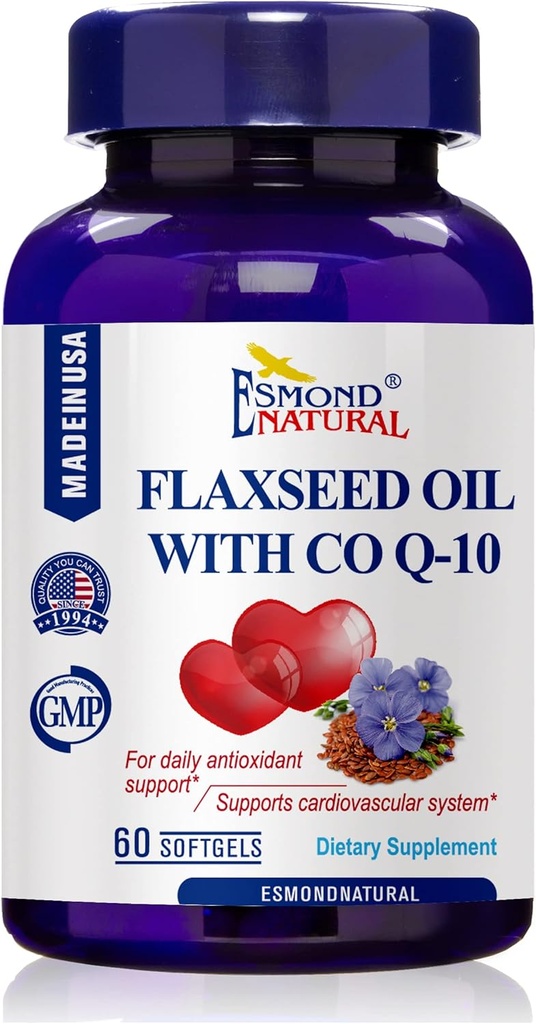 Flaxseed Oil with CO Q-10 (Daily antioxidant and Cardiovascular System Support), GMP, Natural Product Assn Certified, Made in USA - 400mg, 60 Softgels