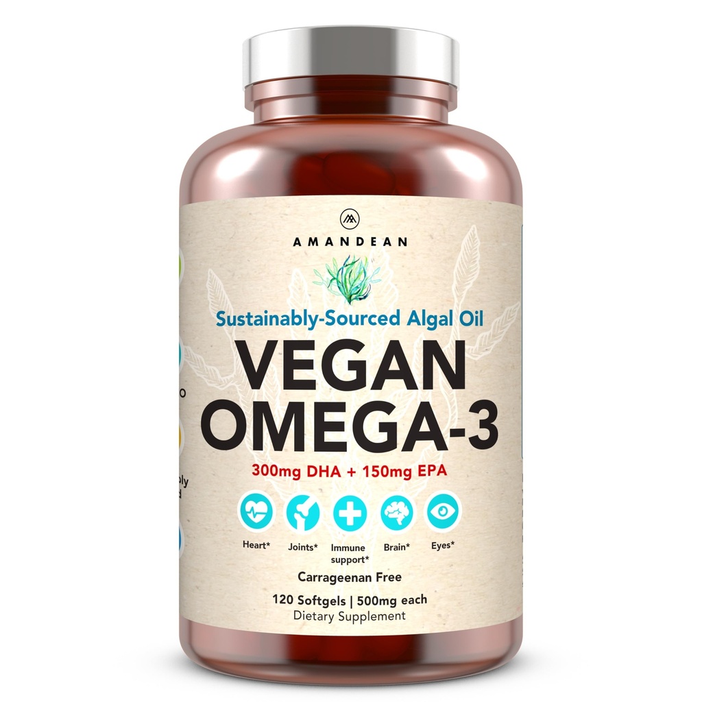 AMANDEAN Vegan Omega 3 Supplement. Premium Fish Oil Alternative. Algae DHA & EPA. Carrageenan Free Softgels. Algal Essential Fatty Asits. Plantive Heart, Brain, Eye, Skin, Immune Support. (120ct)