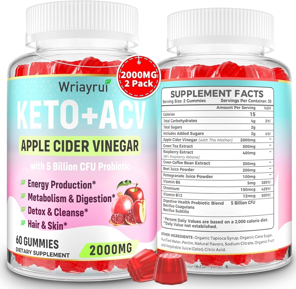 DW ACV Gummies with Probiyotiks & Vitamin B12, 2000 mg Apple Cider Vinegar Gummies with Mother, for Metabolism, Digestion, Detox & Cleanse, Sugar Free, Vegan-Friendly, 120 Gummies