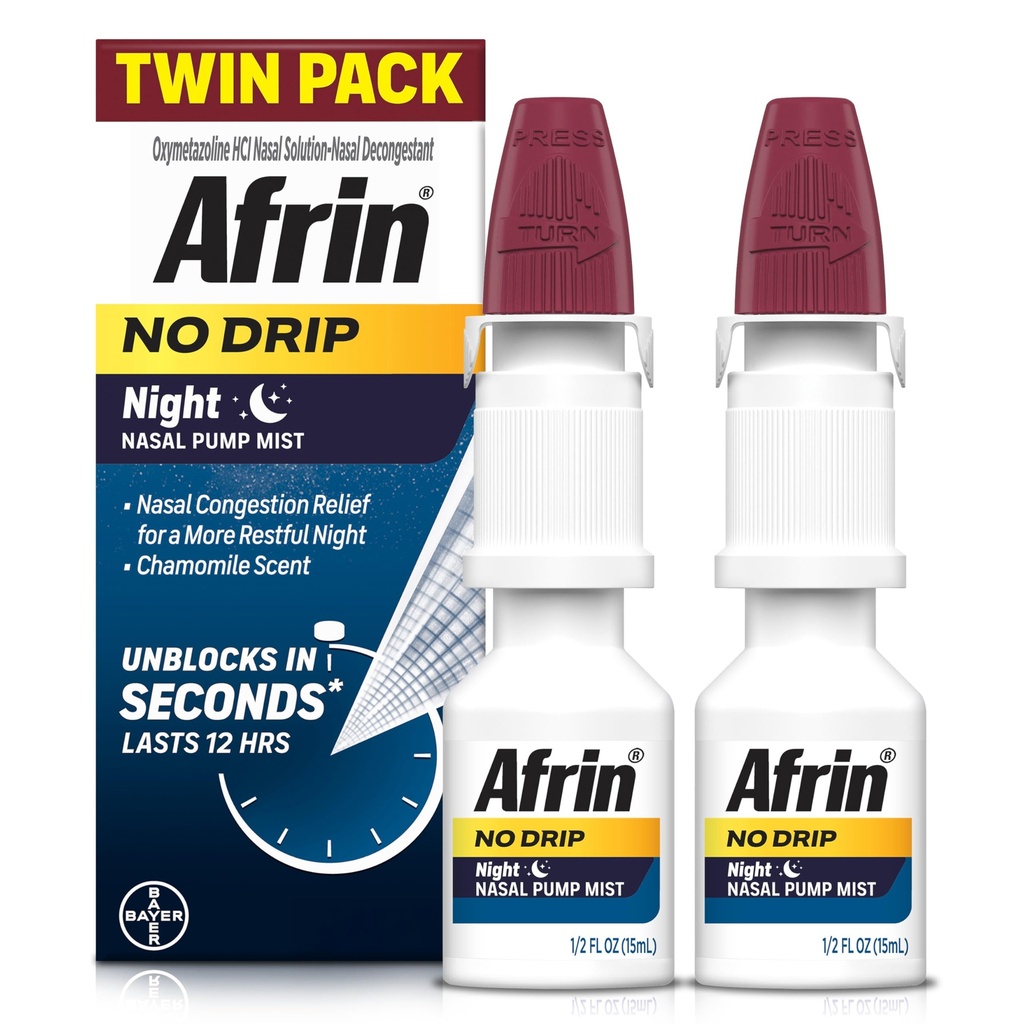 AFRIN No Drip Night Nasal Mist Twin Pack, Non-Drowsy, Fast-Acting Decongestant for Restful Sleep with Chamomile Scent, Yetişkinler ve Çocuklar 6 ve Yaşlı, .5 fl oz (Pack of 2)