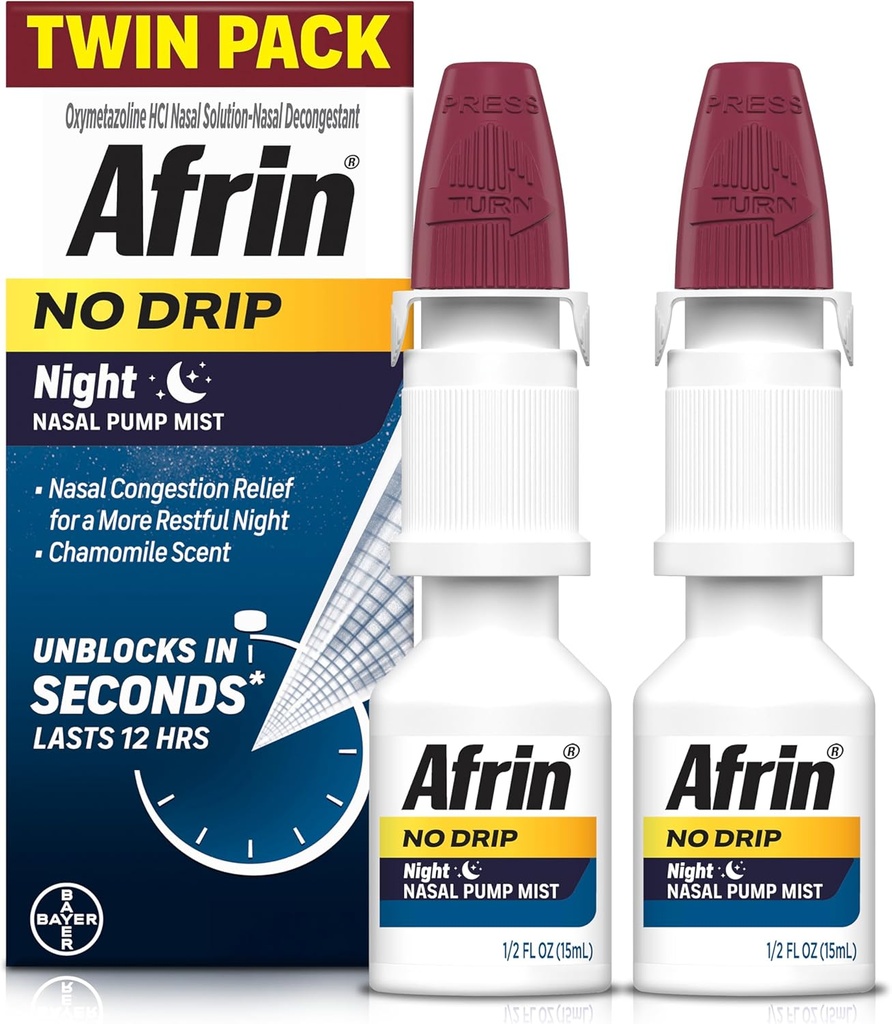 AFRIN No Drip Night Nasal Mist Twin Pack, Non-Drowsy, Fast-Acting Decongestant for Restful Sleep with Chamomile Scent, Yetişkinler ve Çocuklar 6 ve Yaşlı, .5 fl oz (Pack of 2)