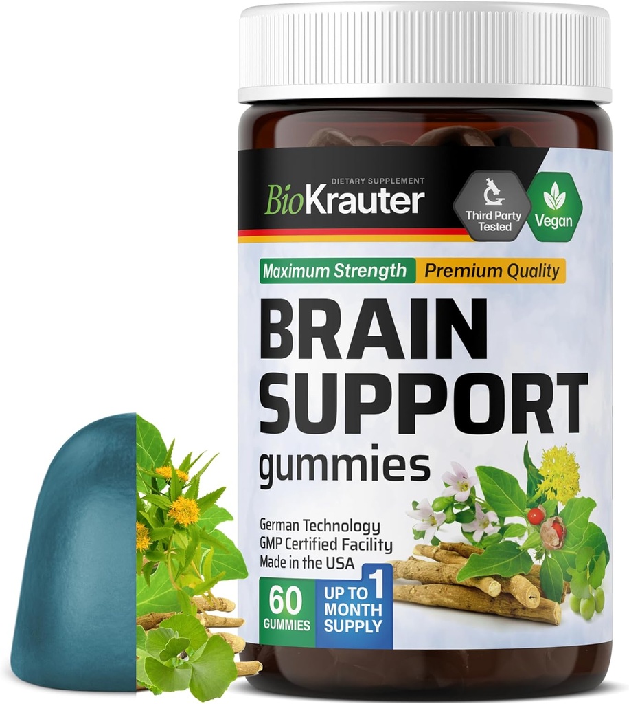 BIO KRAUTER Beyin Desteği Gummies - 60 Vegan Chews - Doğal Beyin Tamamı - Ashwagandha, Ginkgo Biloba, Bacopa, DMAE, ve Biloba için Vitaminler
