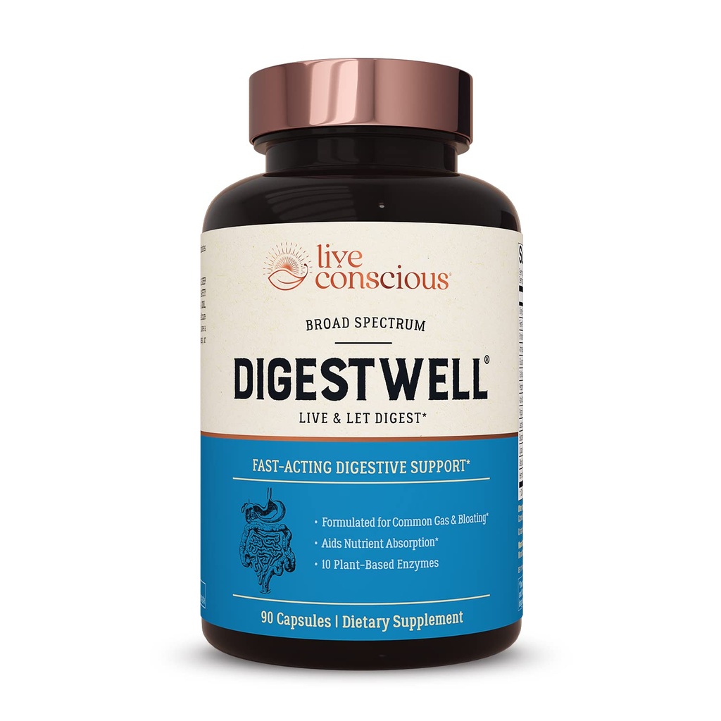 Live Conscious DigestE Immediate Support - Fast-Acting Digestive Support | Broad Spectrum Enzyme, Probiyotik & Herbal Formula - Günlük Gaz & Bloating - 90 Capsules