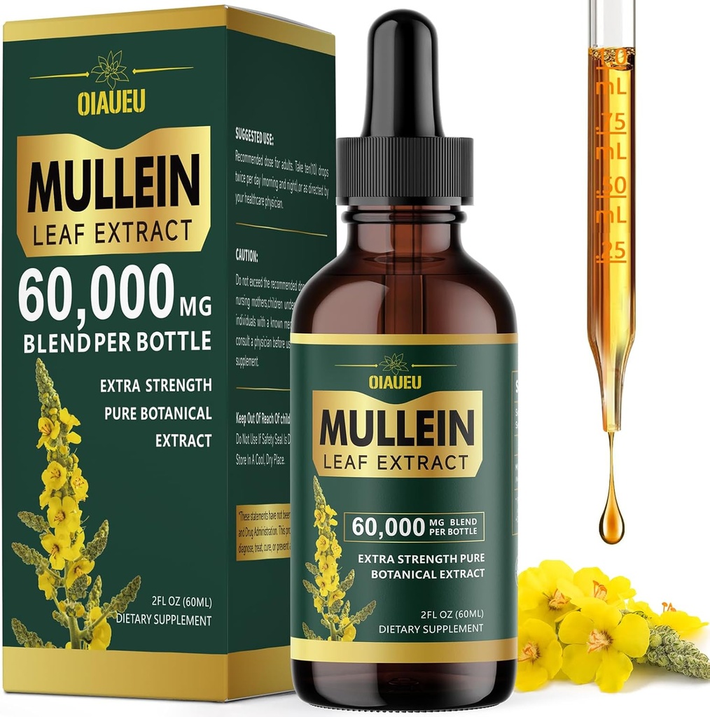 Organic Mullein Drops for Lungs, Mullein Leaf Timcture Support Lung Cleanse, Φυσικό συμπλήρωμα υγρού εκχυλίσματος για Lung Detox και αναπνευστική υγεία, Vegan, 2 fl oz