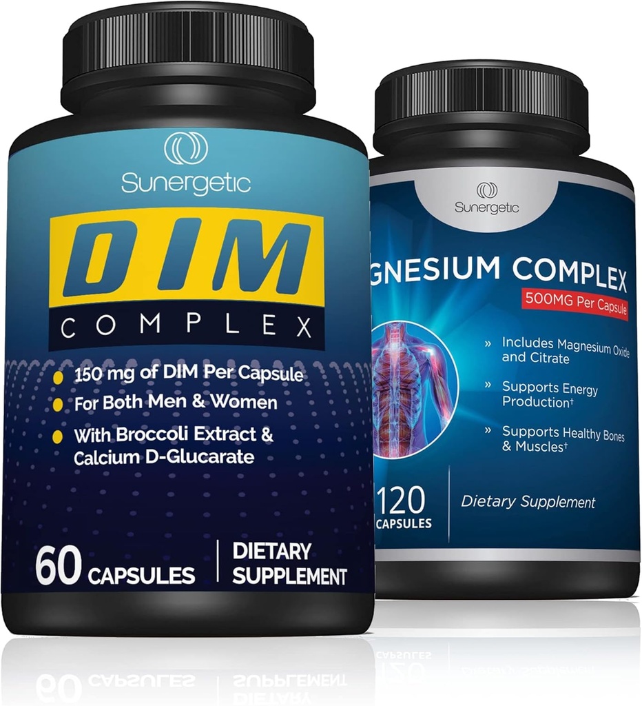 Sunergetic DIM Kompleksi Plus Kompleksi - Sağlıklı Kemikler, Kaslar ve Dişler, Sağlıklı Denge ve Rahatlama - DIM Kompleks 60 ct - Magnezyum Kompleksi 120 ct